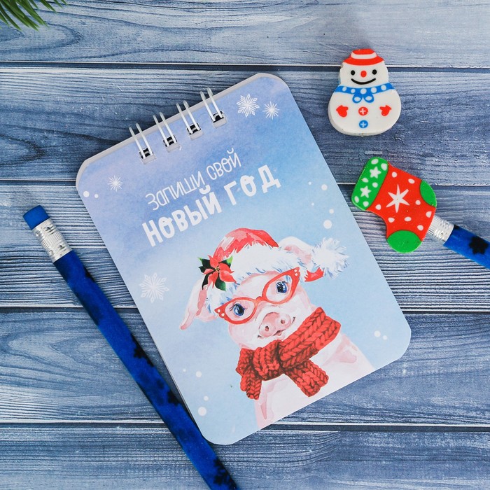 Набор подарочный "Запиши свой Новый Год" 2 карандаша ч/г+2 ластика+блокнот