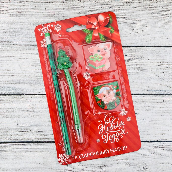 Набор подарочный "Подарок от свинки" карандаш 2 шт., 2 закладка 2 шт., ручка