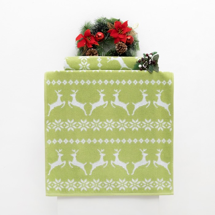Полотенце махровое "Олени" 70х140 см,400 г/м2,зелёный,100% хлопок