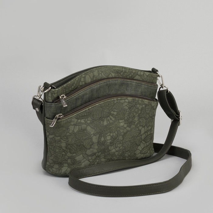 Сумка женская "Кружево", отдел с перегородкой на молнии, 3 наружных кармана, длинный ремень, цвет зелёный