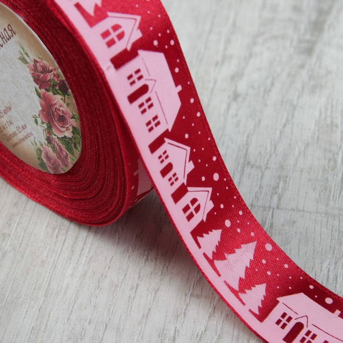 Лента атласная «Домики», 25мм х 22±1м, цвет красный