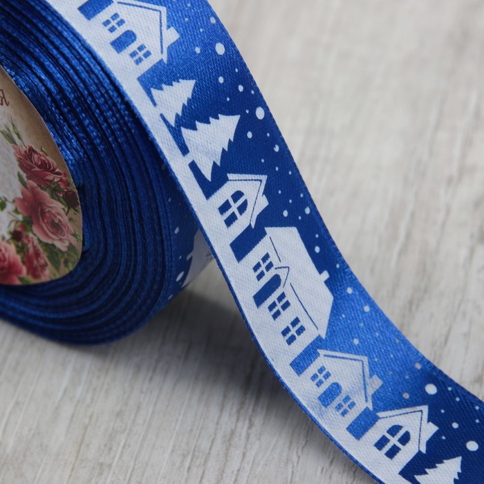 Лента атласная «Домики», 25мм х 22±1м, цвет синий