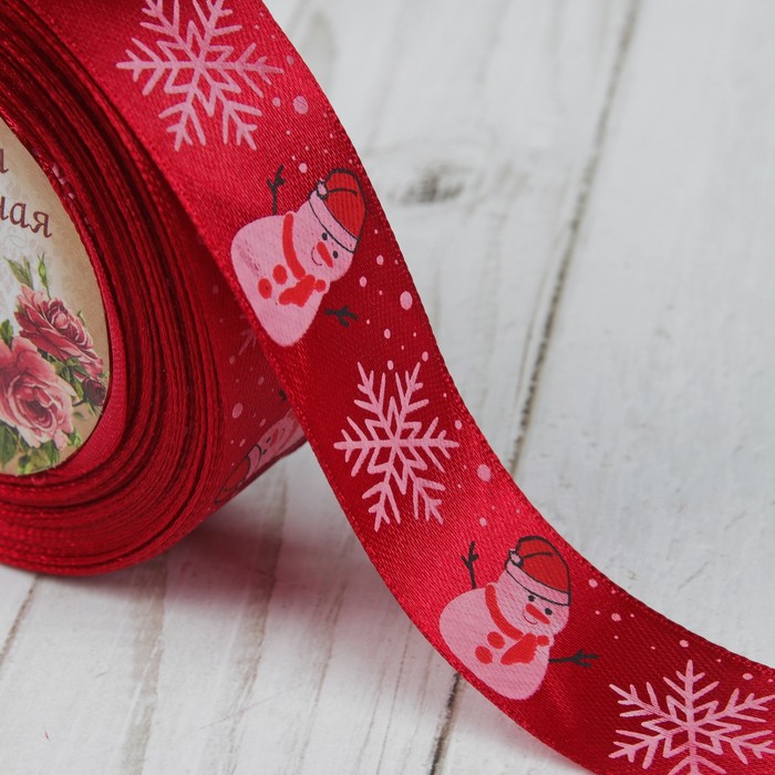 Лента атласная «Снеговики», 25мм х 22±1м, цвет красный