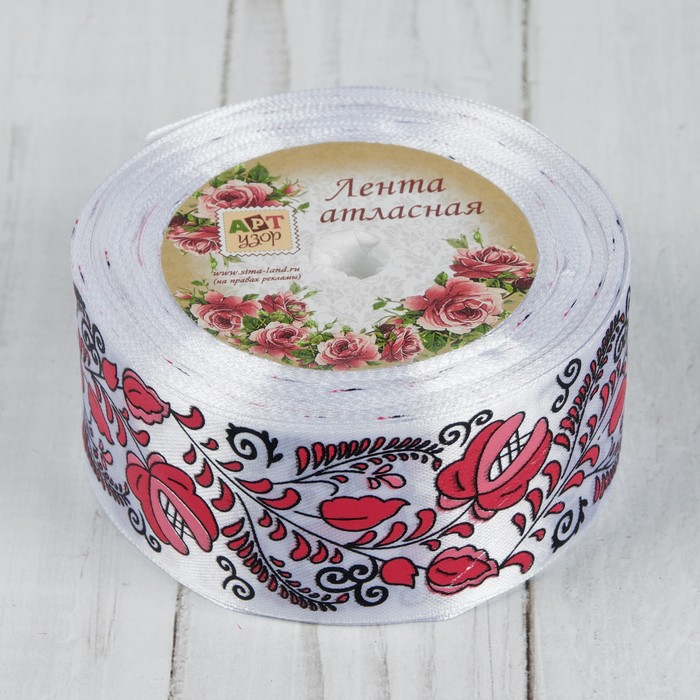 Лента атласная «Узор», 40мм х 18±1м, цвет красный/белый