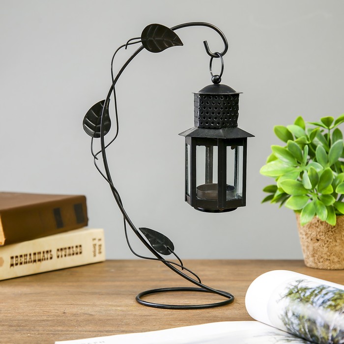 Подсвечник металл, стекло 1 свеча "Фонарик на ветке" чёрный 29х15х10,5 см