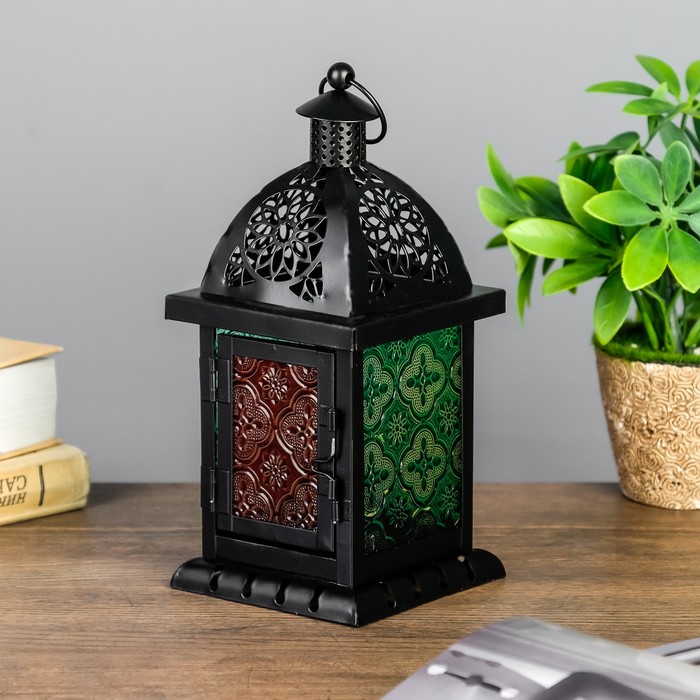 Подсвечник металл, стекло 1 свеча "Фонарик-витраж" квадратный 22х10х10 см