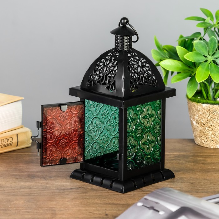 Подсвечник металл, стекло 1 свеча "Фонарик-витраж" квадратный 22х10х10 см