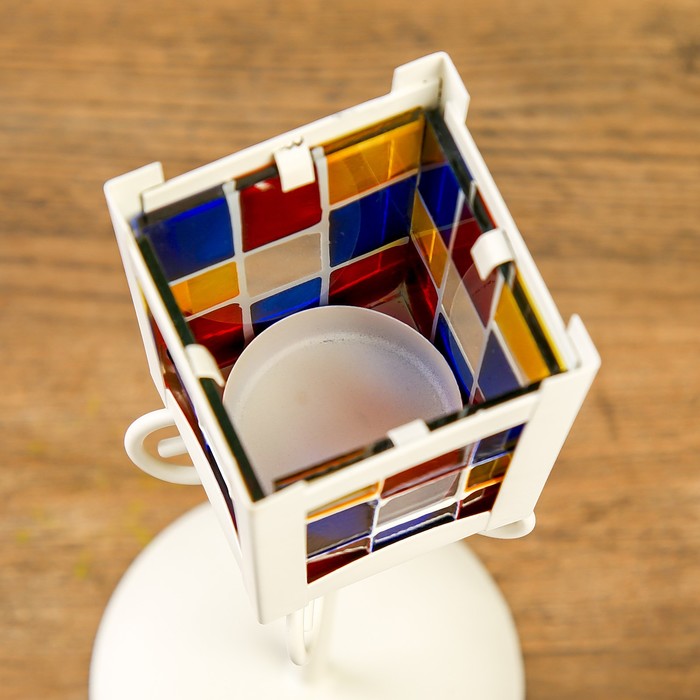 Подсвечник металл на 1 свечу "Уличный фонарь с витражными стёклами" белый 25х9,7х9,7 см