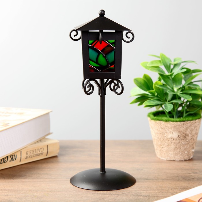Подсвечник металл на 1 свечу "Уличный фонарь с витражными стёклами" чёрный 25х9,7х9,7 см