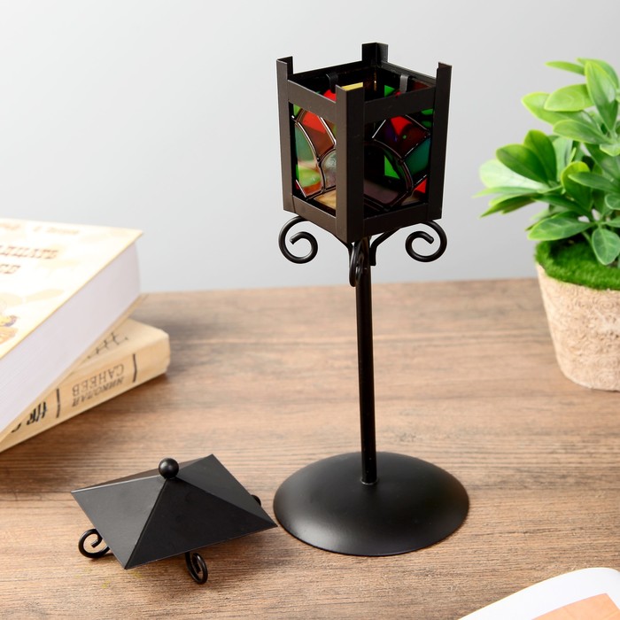 Подсвечник металл на 1 свечу "Уличный фонарь с витражными стёклами" чёрный 25х9,7х9,7 см