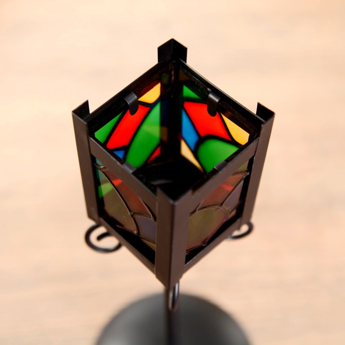 Подсвечник металл на 1 свечу "Уличный фонарь с витражными стёклами" чёрный 25х9,7х9,7 см