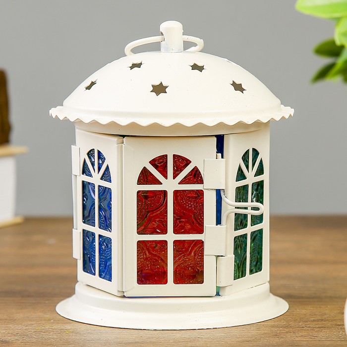 Подсвечник металл на 1 свечу "Беседка с витражными стёклами" белый 13х11х11 см