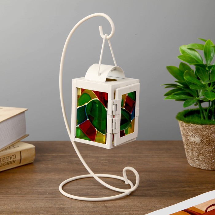 Подсвечник металл на 1 свечу "Фонарик с витражными стёклами" белый 22,5х11х10 см