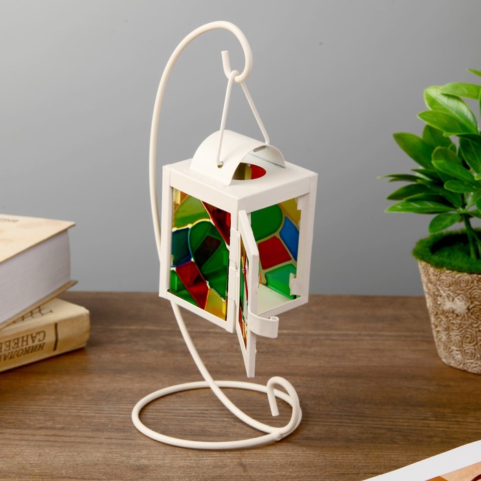 Подсвечник металл на 1 свечу "Фонарик с витражными стёклами" белый 22,5х11х10 см