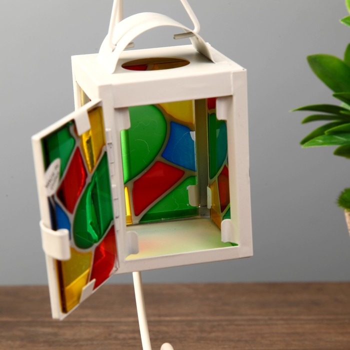 Подсвечник металл на 1 свечу "Фонарик с витражными стёклами" белый 22,5х11х10 см