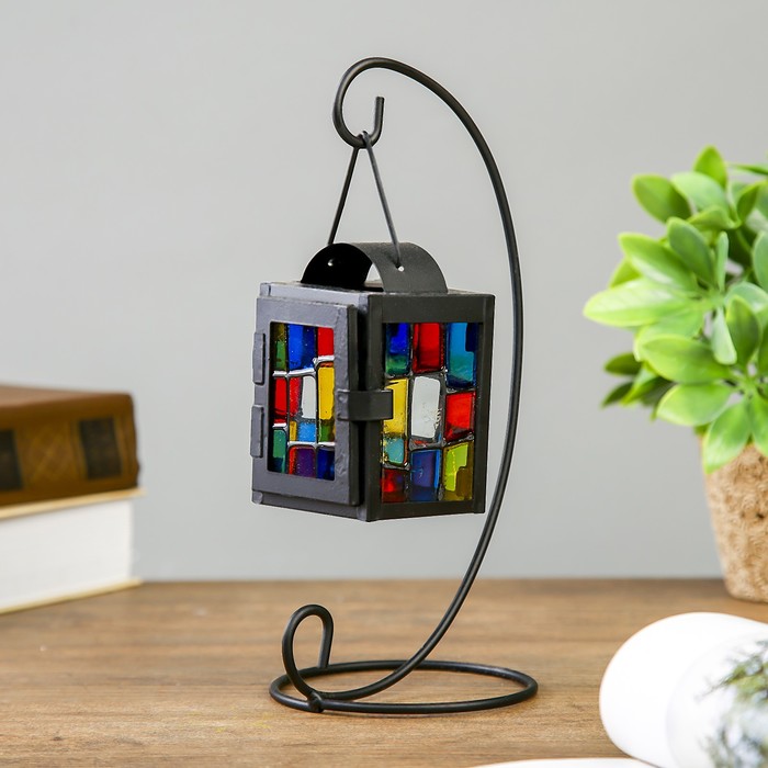 Подсвечник металл на 1 свечу "Фонарик с витражными стёклами" чёрный 22,5х11х10 см