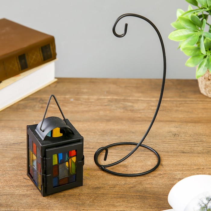 Подсвечник металл на 1 свечу "Фонарик с витражными стёклами" чёрный 22,5х11х10 см