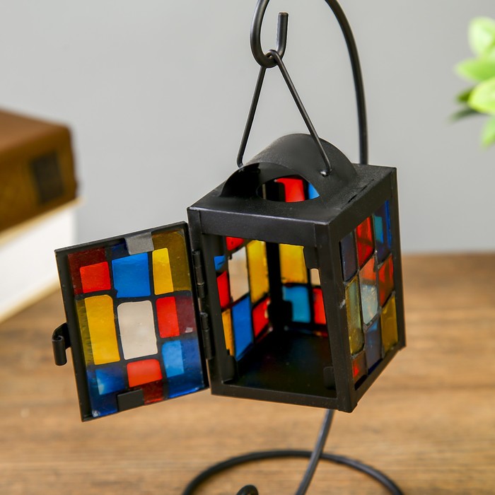 Подсвечник металл на 1 свечу "Фонарик с витражными стёклами" чёрный 22,5х11х10 см