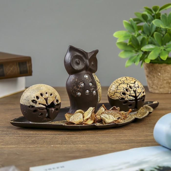 Подставка под благовония МДФ 2 свечи от батареек "Совушка и деревце" сухоцвет 14х30х16 см