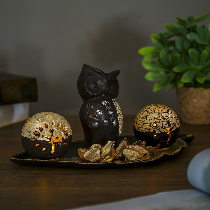 Подставка под благовония МДФ 2 свечи от батареек "Совушка и деревце" сухоцвет 14х30х16 см