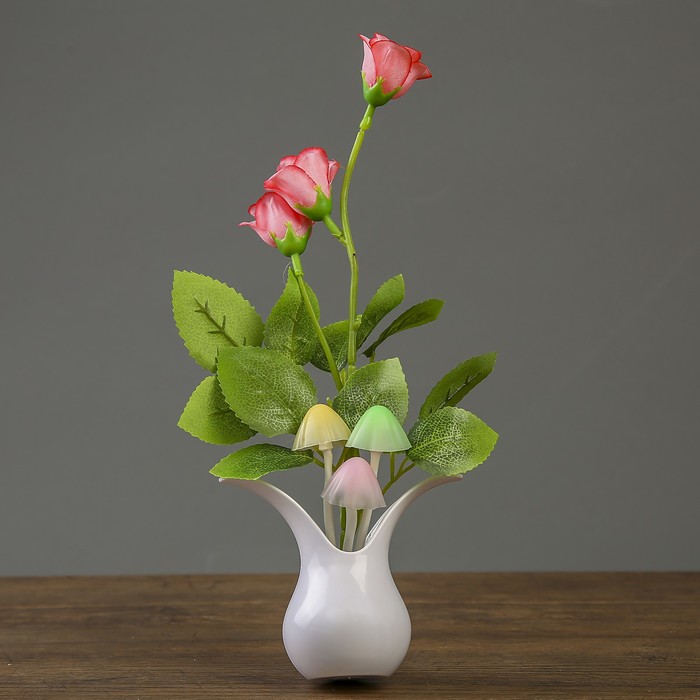 Ночник пластик "Кустовая роза с грибочками" LEDх3 220В МИКС 10,8х9х28 см