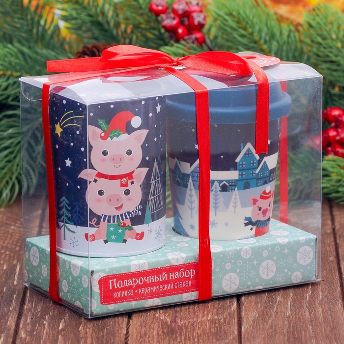 Набор "Новый год исполнит все желания", копилка, стакан 300 мл