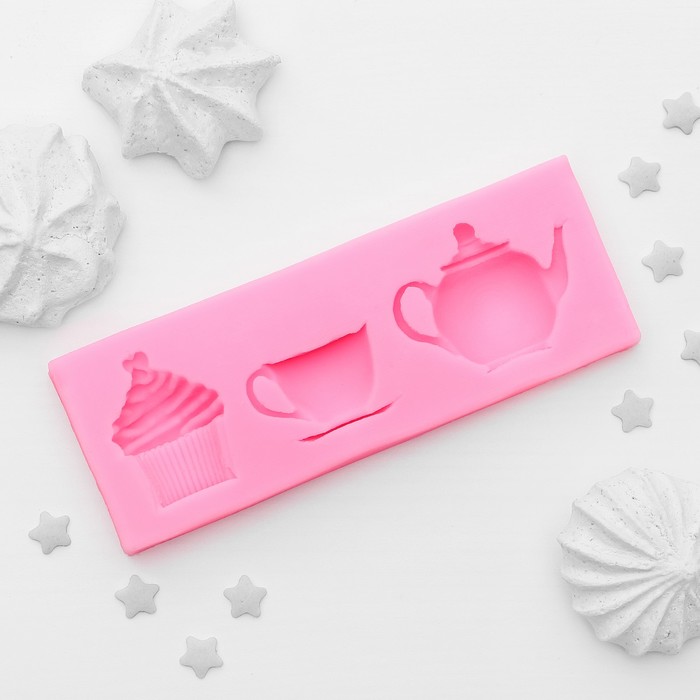 Молд 12х4,5х1,3 см "Чайник, чашечка и капкейк"