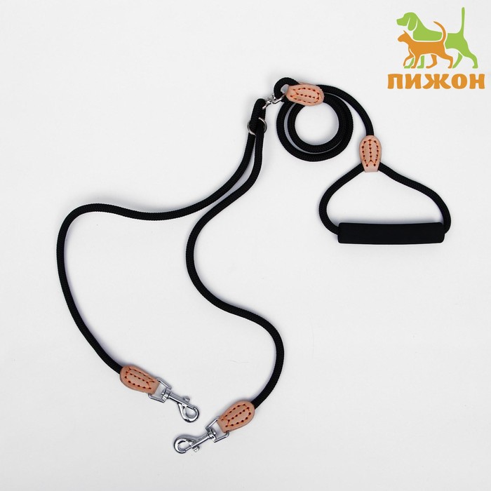 Поводок со своркой на 2 собак, 73 + 2*57 см, полиэстер и натуральная кожа, черный