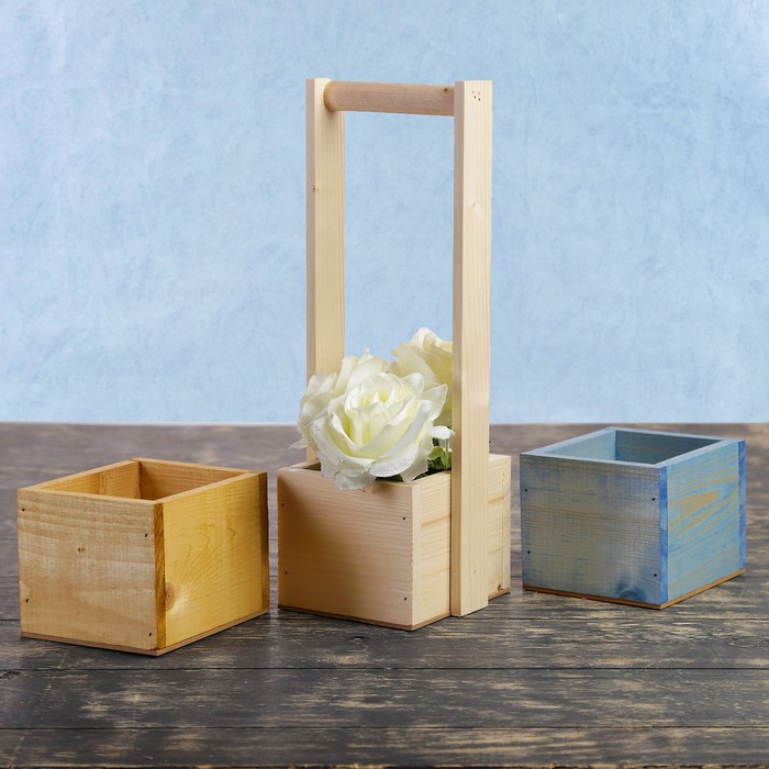 Набор из 3х кашпо, из массива СОСНЫ, 2 ящика без ручек + 1 с деревянной ручкой, 3 цвета