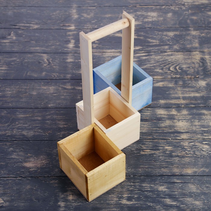 Набор из 3х кашпо, из массива СОСНЫ, 2 ящика без ручек + 1 с деревянной ручкой, 3 цвета