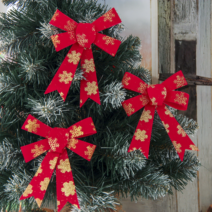Украшение новогоднее "Бант" красный со снежинками (набор 3 шт) 10*12,5 см