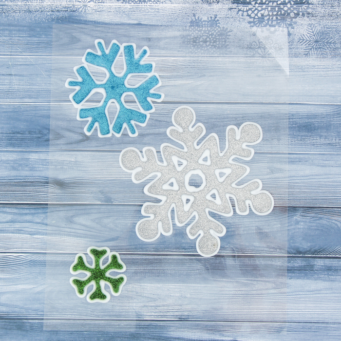 Наклейка на стекло "Снежинки" 12,5 см, 8 см, 4 см, синий, зелёный, серебро