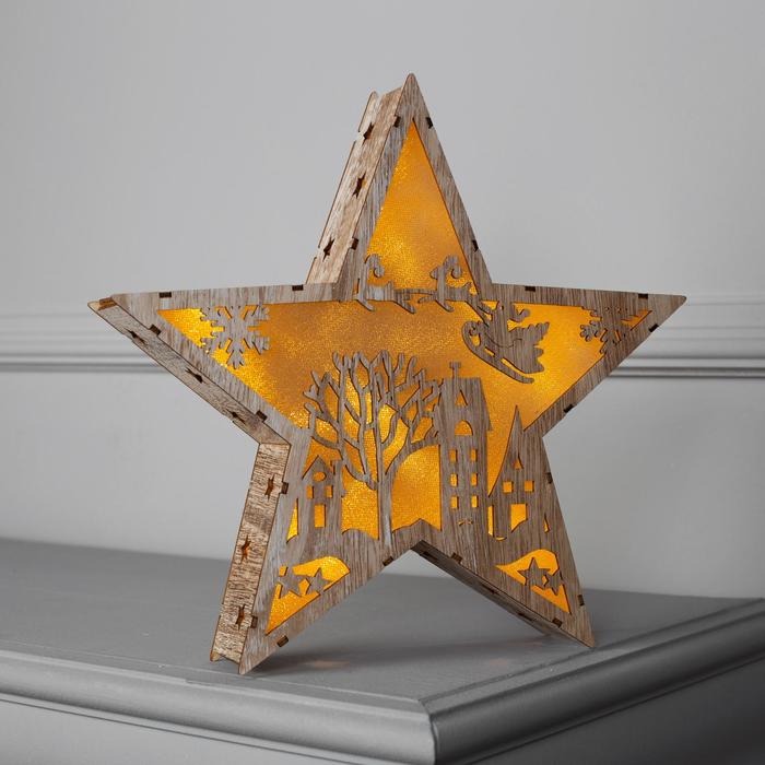 Фигура деревянная "Звезда Двор и Олени", 22х22х4 см, 2*AАA (не в компл.) 6 LED, серый фон