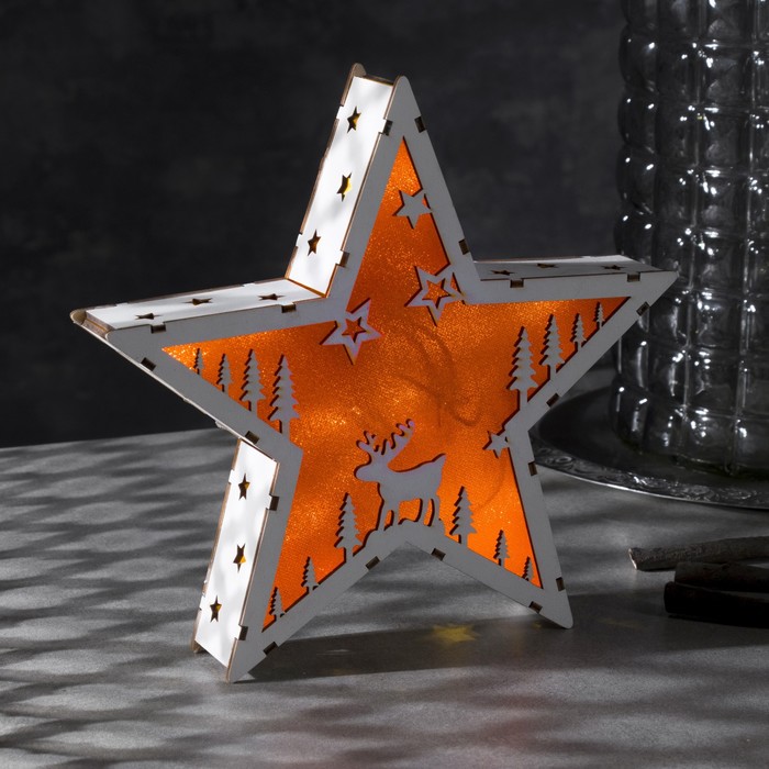 Фигура деревянная "Звезда Олень", 22х22х4 см, 2*AАA (не в компл.) 6 LED, красный фон