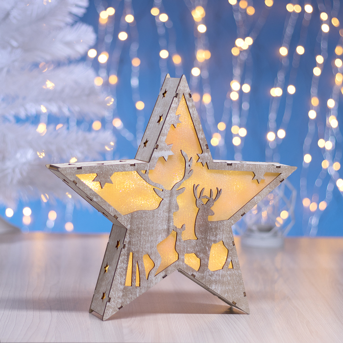 Фигура деревянная "Звезда Семья Оленей", 33х33х5 см, 2*AАA (не в компл.) 6 LED, серый фон