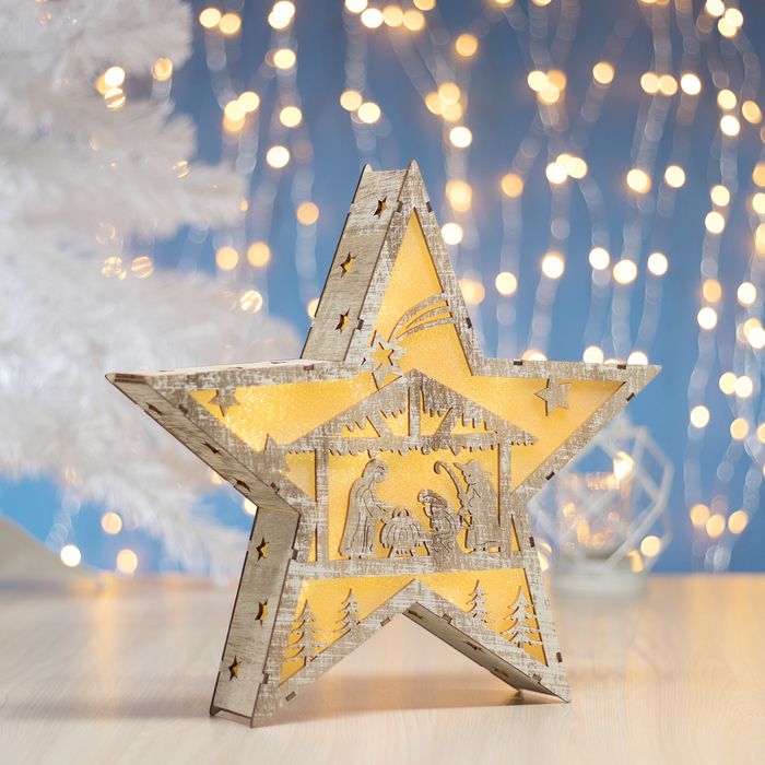 Фигура деревянная "Звезда Сказка", 33х33х5 см, 2*AАA (не в компл.) 6 LED, серый фон