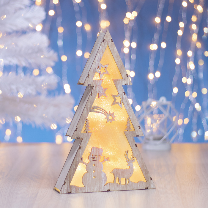 Фигура деревянная "Ёлка со Снеговиком", 19х30х4.5 см, 2*AАA (не в компл.) 6 LED, серый фон