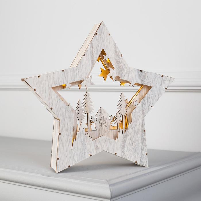 Фигура деревянная "Звезда Снеговик с Оленями", 28х28х5 см, 2*AA (не в компл.) 10 LED