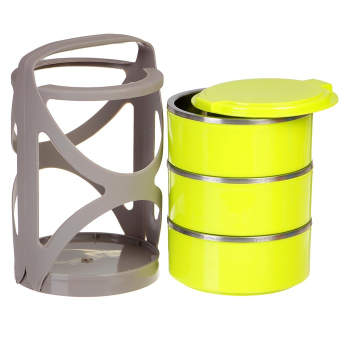 Ланч-бокс «Грани», 1,8л, круглый, 3 тарелки, внутри металл, микс, 15х25 см