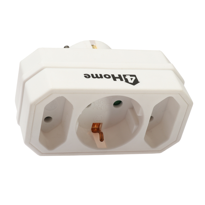 Разветвитель 4HOME, 10 А, 250 В, на одну розетку с з/к и две без з/к, белый