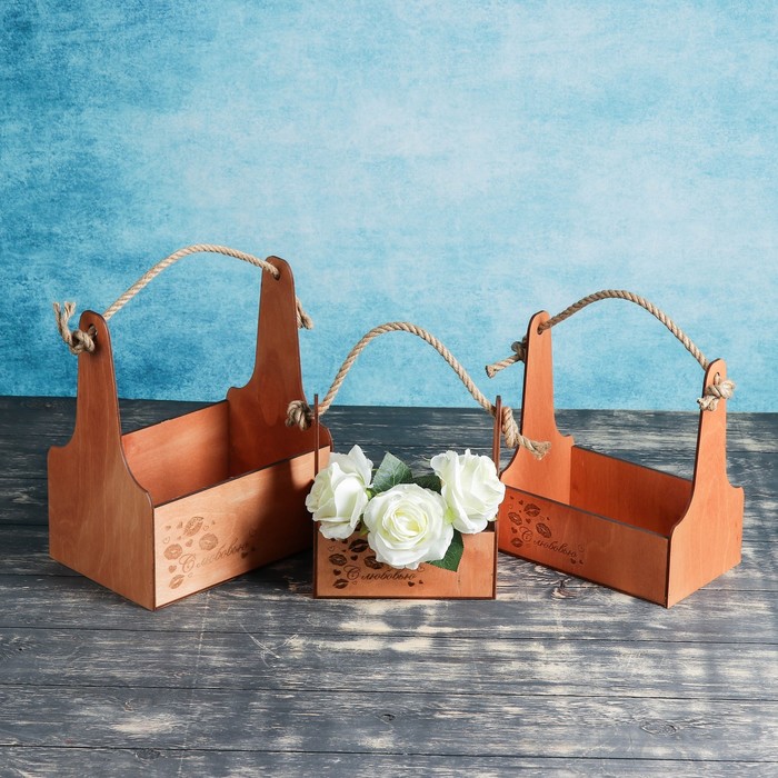 Набор ящиков 3шт(19х12х20; 22х14х25; 25х17х30см), Гравировка 5 с джутовой ручкой, палисандр 381800