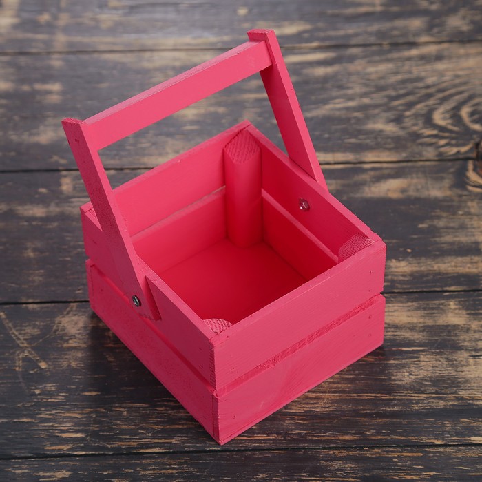 Кашпо флористическое из двух реек, складная деревянная ручка, розовое, 11х12х9см
