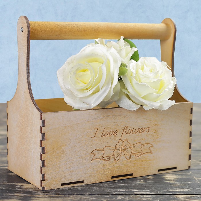 Кашпо флористическое "I love flowers, бантик", деревянная ручка, белое золото, 23х11х22см
