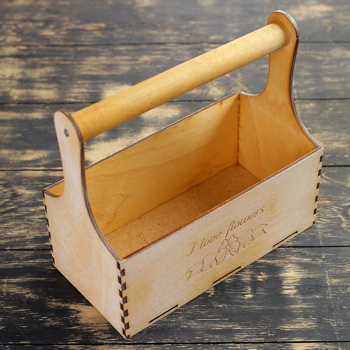 Кашпо флористическое "I love flowers, бантик", деревянная ручка, белое золото, 23х11х22см