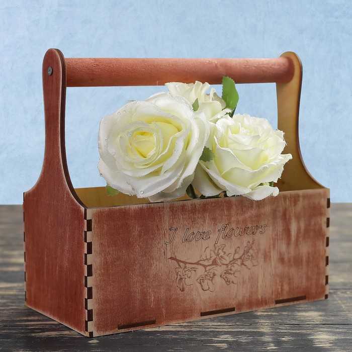 Кашпо флористическое "I love flowers, цветы", деревянная ручка, красное дерево, 23х11х22см