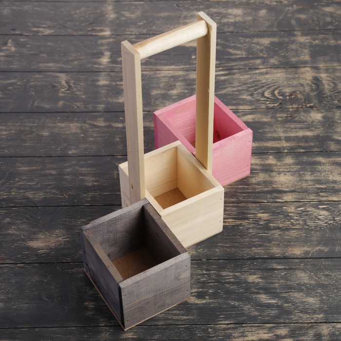 Набор из 3х кашпо, из массива СОСНЫ, 2 ящика без ручек + 1 с деревянной ручкой, 3 цвета