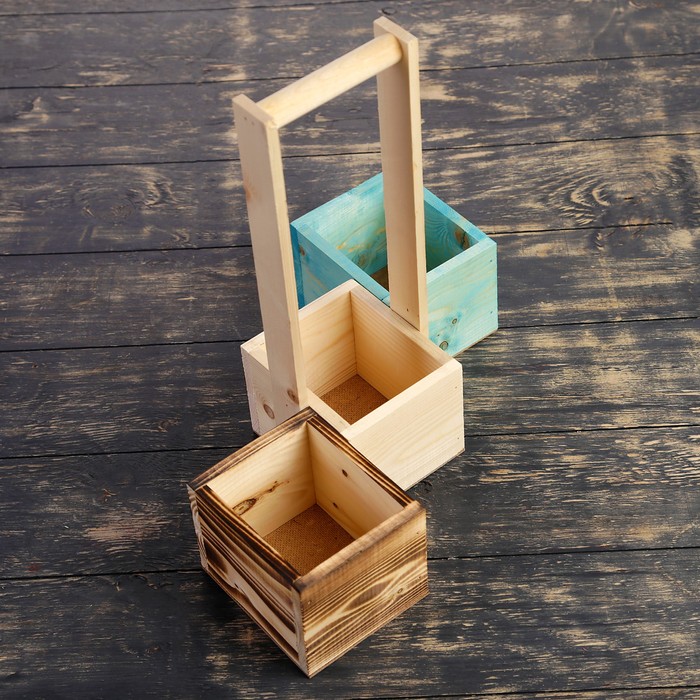 Набор из 3х кашпо, из массива СОСНЫ, 2 ящика без ручек + 1 с деревянной ручкой, 3 цвета