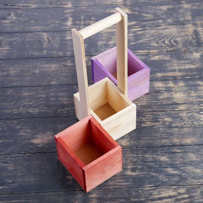 Набор из 3х кашпо, из массива СОСНЫ, 2 ящика без ручек + 1 с деревянной ручкой, 3 цвета