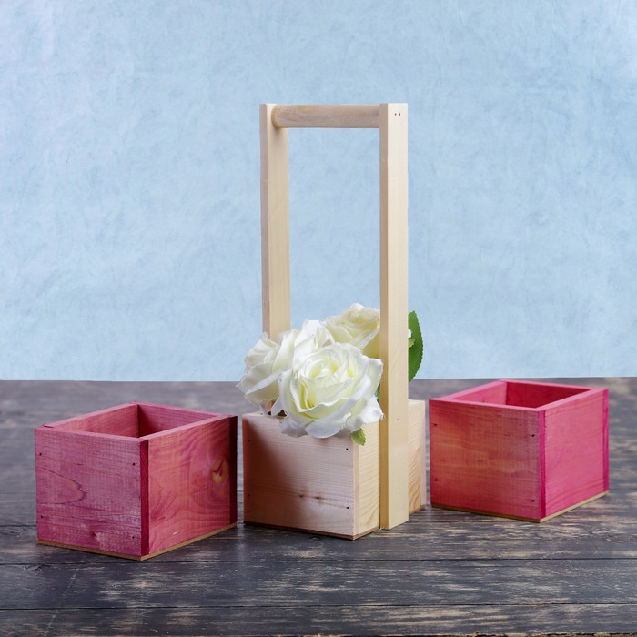 Набор из 3х кашпо, из массива СОСНЫ, 2 ящика без ручек + 1 с деревянной ручкой, 3 цвета