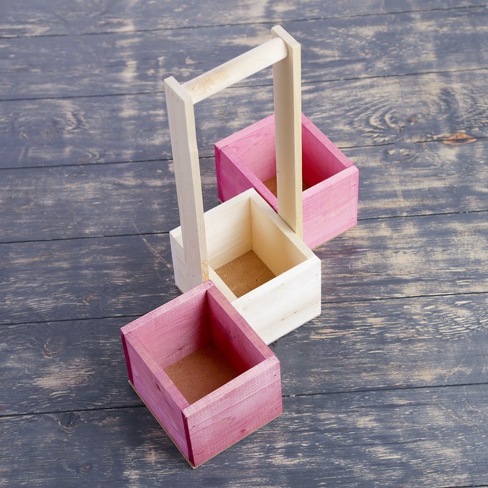 Набор из 3х кашпо, из массива СОСНЫ, 2 ящика без ручек + 1 с деревянной ручкой, 3 цвета